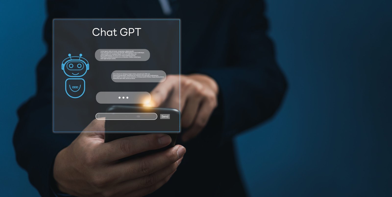 Person using a smartphone with a virtual ChatGPT interface projected in front, showing chatbot conversation and a send button, illustrating AI-powered advertising.